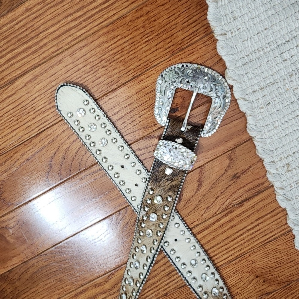 Vintage Nocona Belt Co Rhinestone Genuine Leather Western Belt Silver Calf Hair